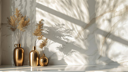 Three shiny gold vases placed neatly on a table in front of a window, catching the sunlight.の素材