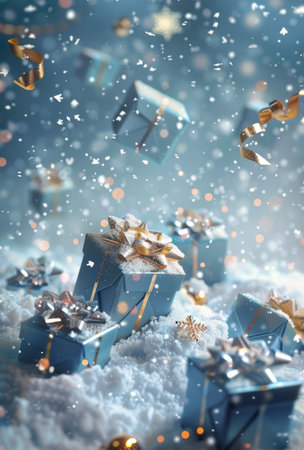 Various colorful Christmas presents scattered on the snowy ground, creating a festive scene in a winter setting.の素材