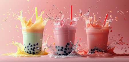 Three cups of bubble tea with colorful liquid splashes are displayed against a pink background.の素材