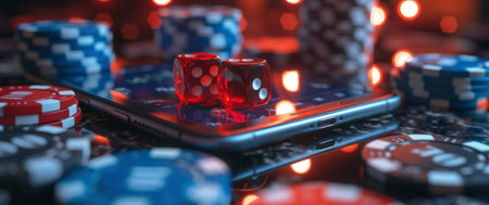 A smartphone surrounded by colorful casino chips and dice on a table.の素材