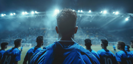 A group of soccer players in full gear standing on the green field in a stadium, preparing for a match or training session.の素材