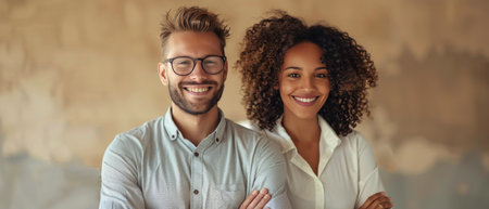 A man and woman stand together, striking a pose for a photo.の素材