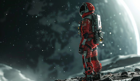 A man wearing a red space suit is standing on the moons surface.の素材