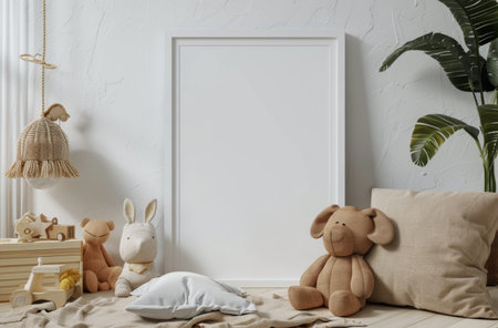 A childs room featuring multiple teddy bears arranged neatly alongside a picture frame on a shelf.の素材