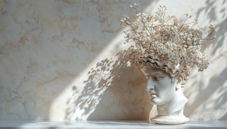 A statue of a head adorned with colorful flowers.の素材