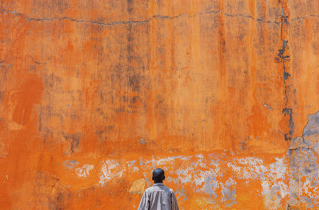 A man stands in front of a vibrant orange wall, looking directly at the camera.の素材