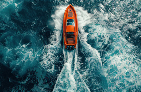 An orange boat is navigating through the vast expanse of the ocean, leaving a trail of ripples in its wake.の素材