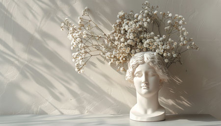 A statue of a head adorned with colorful flowers.の素材