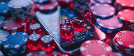 A smartphone surrounded by colorful casino chips and dice on a table.の素材