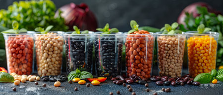 Various types of beans and vegetables neatly arranged in plastic containers.の素材