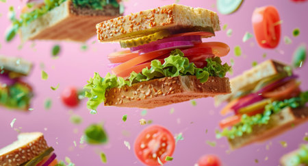 Multiple sandwiches are shown flying through the air.の素材