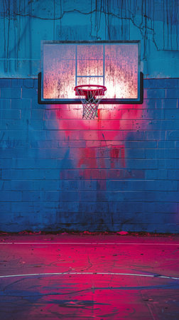 A basketball hoop stands inside a building with blue and pink walls.の素材