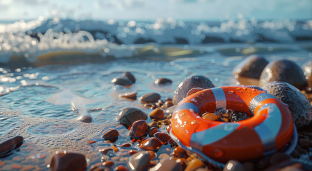 A life preserver lies on a rock on the sandy beach, ready for emergency use if needed.の素材
