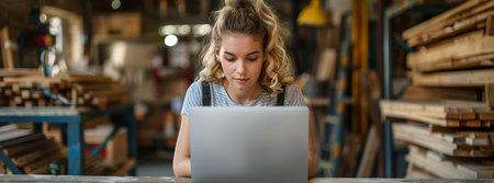 A young woman sits in a workshop, focused on her laptop screen as she types and works.の素材