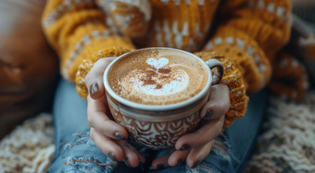 A close-up view of a womans hands securely gripping a white ceramic cup filled with steaming coffee.の素材