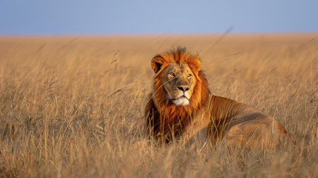 A lion is calmly sitting in a field of tall grass, blending in with its surroundings.の素材