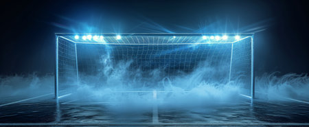 A hockey goal is seen partially submerged in water, creating a unique and unexpected scene.の素材