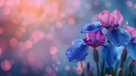 A blue and pink iris flower standing in front of a bokeh background, showing its vibrant colors and delicate petals.の素材