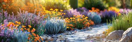 A garden path winding through a vibrant array of colorful flowers, creating a visually striking scene.の素材