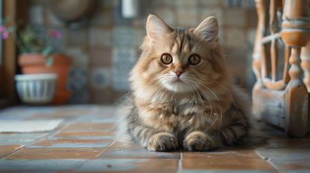 A gray cat with striking blue eyes is resting peacefully on a wooden floor.の素材