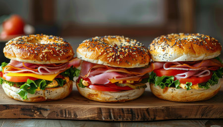 Four bagel sandwiches neatly arranged on a wooden cutting board.の素材