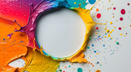 Various vibrant paint splashes of different colors spread across a clean white surface.の素材