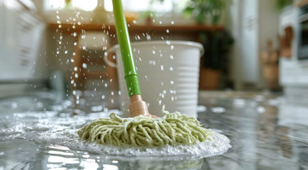 A bucket filled with water and a mop placed on a kitchen counter, ready for cleaning.の素材