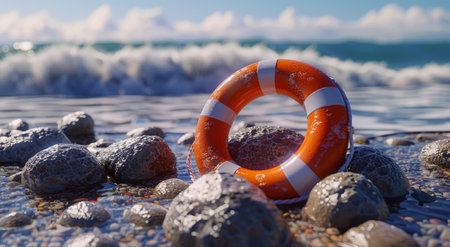 A life preserver lies on a rock on the sandy beach, ready for emergency use if needed.の素材