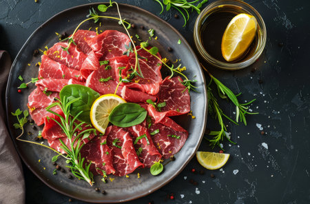 A cooked steak topped with fresh herbs and lemon slices is placed on a white plate.の素材
