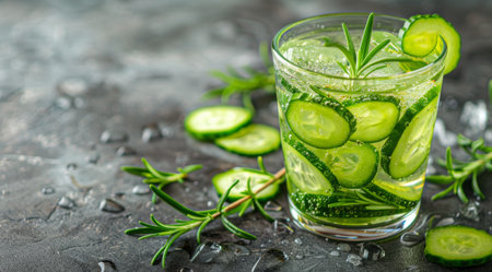 A drink in a glass filled with cucumber slices and rosemary sprigs, creating a refreshing and aromatic beverage.の素材