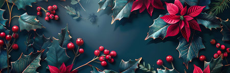 Fresh holly leaves with vibrant red berries on a calm blue background.の素材