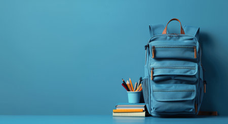 A blue backpack filled with books and pencils, resting on a blue background.の素材