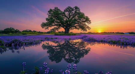 A trees silhouette is mirrored in the calm waters of a pond as the sun sets in the background.の素材