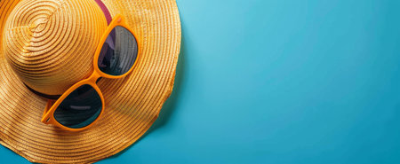 A stylish hat and sunglasses placed on a vibrant blue background.の素材