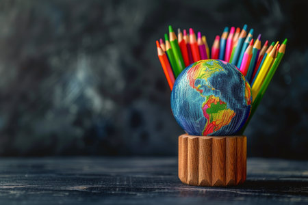 A collection of books, pencils, and a globe arranged neatly on a table.の素材