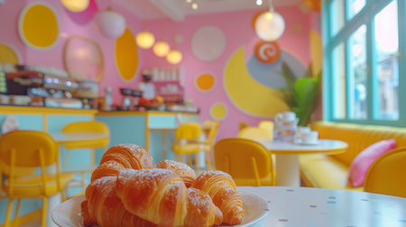 A plate of croissants is displayed on a table in a colorful cafe setting.の素材