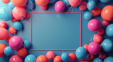 Colorful balloons encircle a frame against a blue backdrop, creating a vibrant and festive scene.の素材