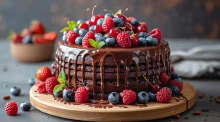 A rich chocolate cake adorned with vibrant berries and drizzled with melted chocolate for a delicious and visually appealing dessert.の素材