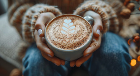 A close-up view of a womans hands securely gripping a white ceramic cup filled with steaming coffee.の素材