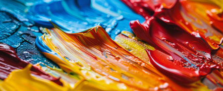 Detailed view of vibrant, multicolored paint splattered across a textured wall surface.の素材