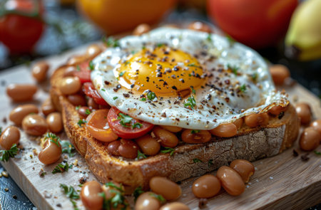 A plate with toast topped with beans and a fried egg, ready to be enjoyed for a hearty breakfast or brunch.の素材