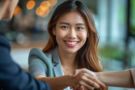 Two professionals dressed in business attire shaking hands in a modern office setting.の素材