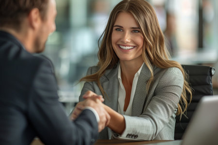 A businessman and a woman are shown shaking hands in an office setting, symbolizing a successful business deal or partnership.の素材