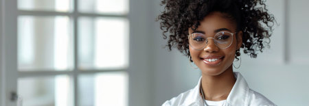 A young black woman with glasses and a white shirt posing for a portrait.の素材