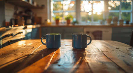 Two blue mugs rest on a wooden table in a kitchen setting.の素材