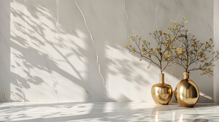 Three elegant gold vases are arranged on a sleek marble floor, creating a luxurious and sophisticated display.の素材
