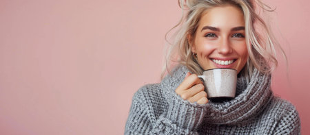 A woman holding a cup of coffee in her hands.の素材