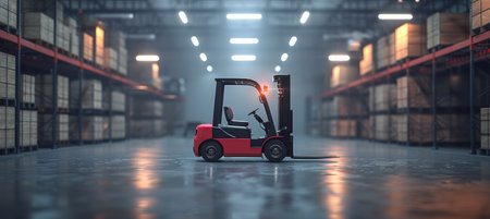 A forklift truck is seen in action inside a warehouse, moving and transporting goods efficiently and safely.の素材