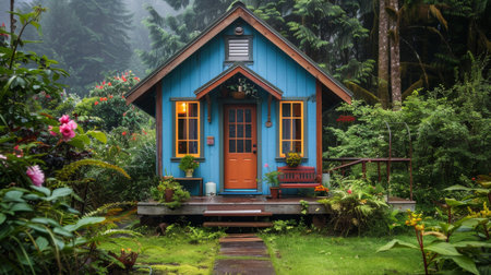 A blue house stands amidst dense woods, blending into the natural surroundings.の素材