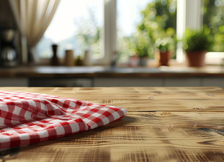 A red and white checkered cloth laid out on a wooden table, creating a classic and inviting table setting.の素材
